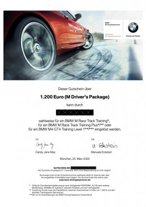 BMW M Driving Experience - Gutschein (1200,- Euro)